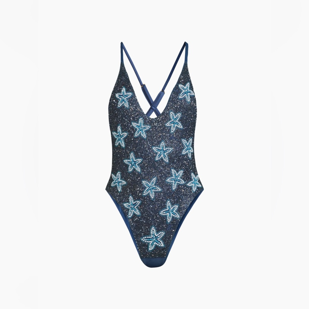 Beaded Starfish One-Piece Swimsuit - Navy
